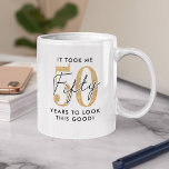 Funny 50th Birthday Gift Coffee Mug<br><div class="desc">Funny 50th birthday mug featuring the humourous saying "it took me 50 years to look this good!" using a combination of black and a gold glitter font.</div>