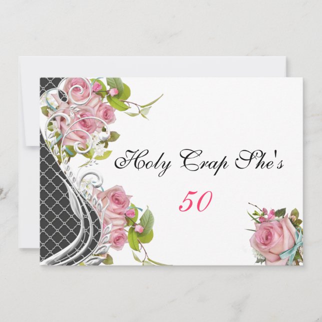 Funny 50th Birthday Invitation, Vintage Pink Roses Invitation (Front)