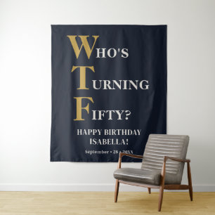 Funny 50th Birthday WTF Humourous Navy Blue Gold Tapestry