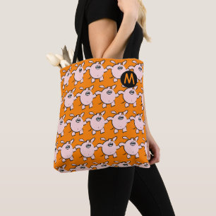 Funny 5 Cartoon Pig Monogram Choose Colour Tote Ba