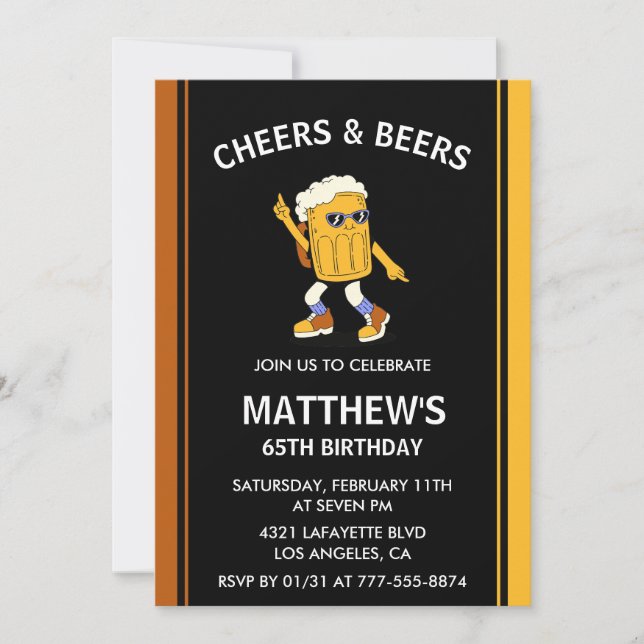 Funny 65th birthday invitations Cheers and Beers (Front)