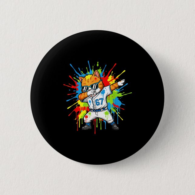 Funny 67 Baseball Dabbing Cat 6 7 Dripng Ice Cream 2 Inch Round Button (Front)