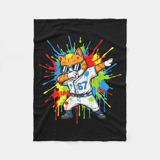 Funny 67 Baseball Dabbing Cat 6 7 Dripng Ice Cream Fleece Blanket (Front)