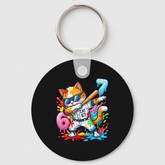 Funny 67 Baseball Dabbing Cat 6 7 Dripng Ice Cream Keychain (Front)