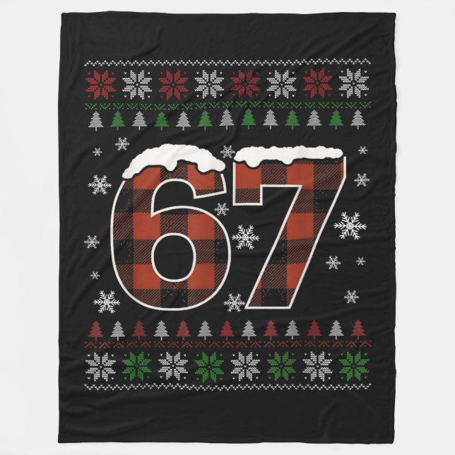 Funny “67” Christmas Meme – Red & Green Plaid  Fleece Blanket (Front)