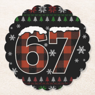 Funny “67” Christmas Meme – Red & Green Plaid Paper Coaster