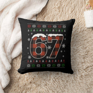 Funny “67” Christmas Meme – Red & Green Plaid Throw Pillow