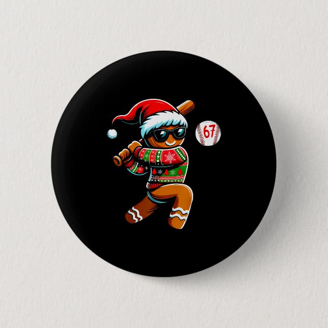 Funny 67 Gingerbread Man Playing Baseball Christma 2 Inch Round Button (Front)