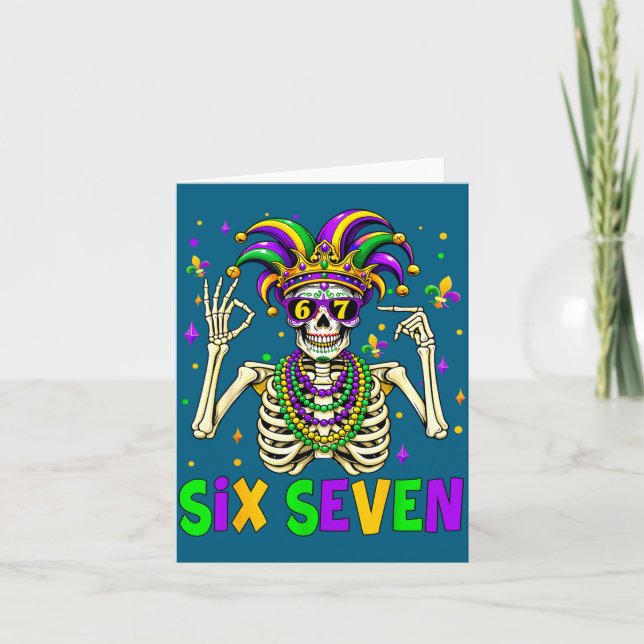 Funny 67 Mardi Gras Skeleton 6 7 Meme Mask Beads S Card (Front)