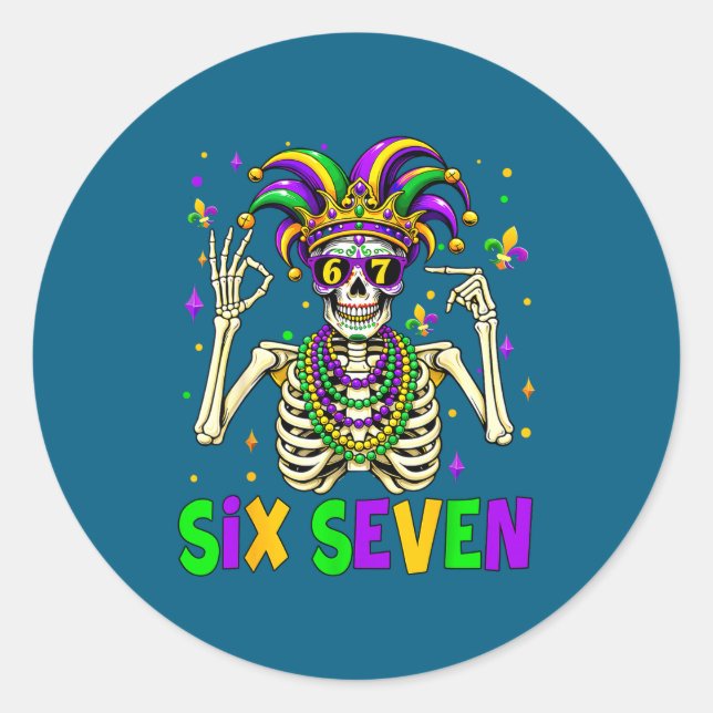 Funny 67 Mardi Gras Skeleton 6 7 Meme Mask Beads S Classic Round Sticker (Front)