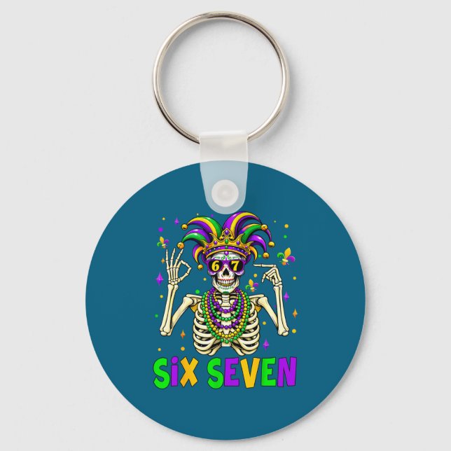 Funny 67 Mardi Gras Skeleton 6 7 Meme Mask Beads S Keychain (Front)