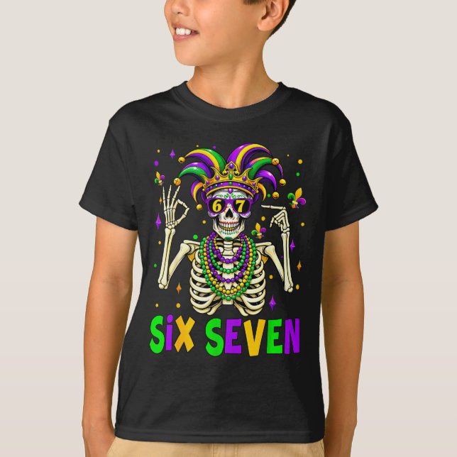 Funny 67 Mardi Gras Skeleton 6 7 Meme Mask Beads S T-Shirt (Front)