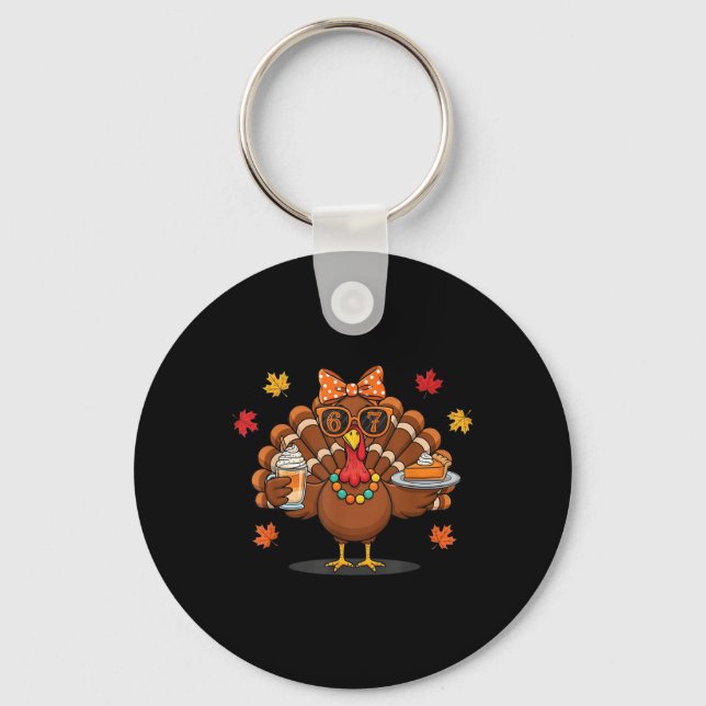 Funny 67 Meme Thanksgiving Turkey With Pumpkin Pie Keychain (Front)