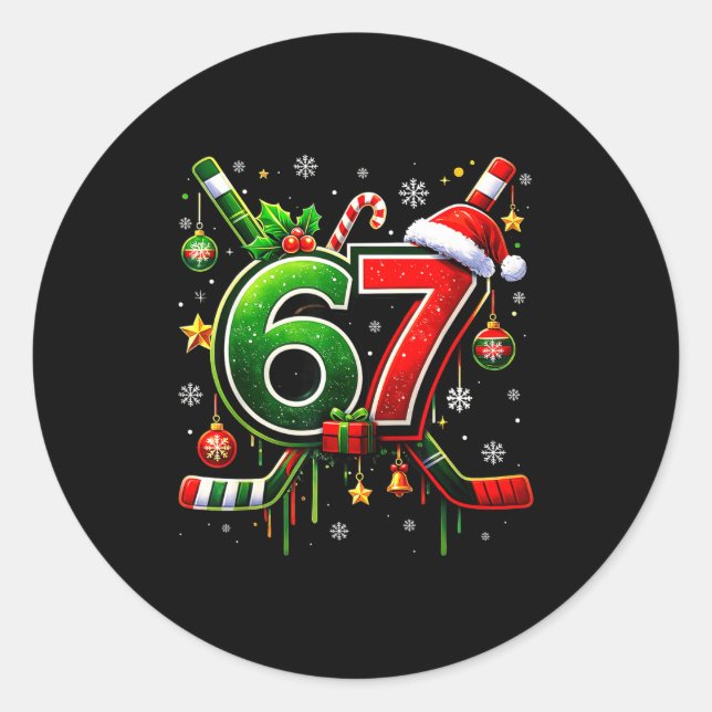 Funny 67 Six Seven Christmas Ice Hockey  Classic Round Sticker (Front)