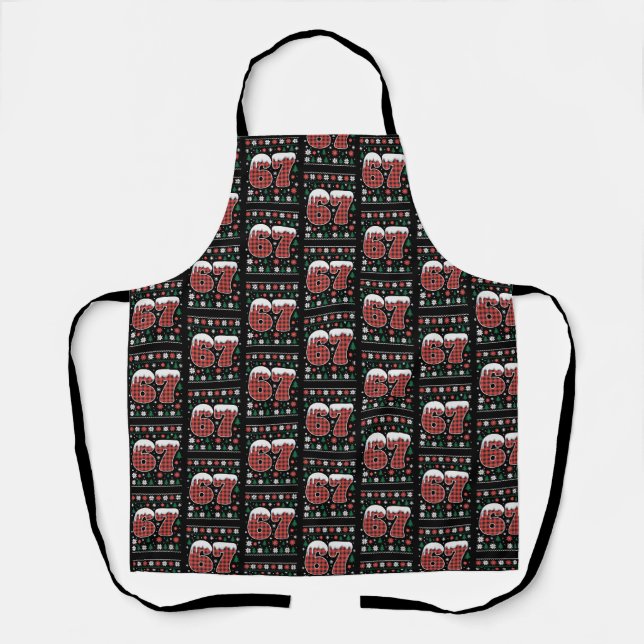 Funny 67 Six Seven Meme Cringe Christmas Red Plaid Apron (Front)
