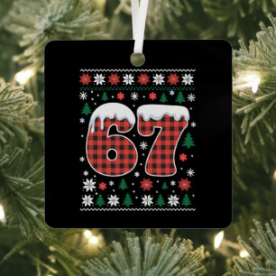Funny 67 Six Seven Meme Cringe Christmas Red Plaid Metal Ornament
