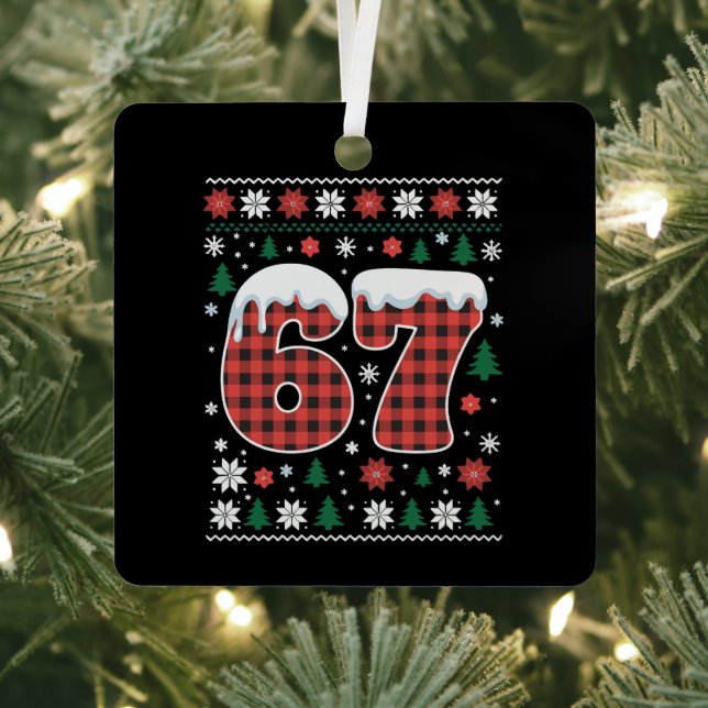 Funny 67 Six Seven Meme Cringe Christmas Red Plaid Metal Ornament (Insitu)