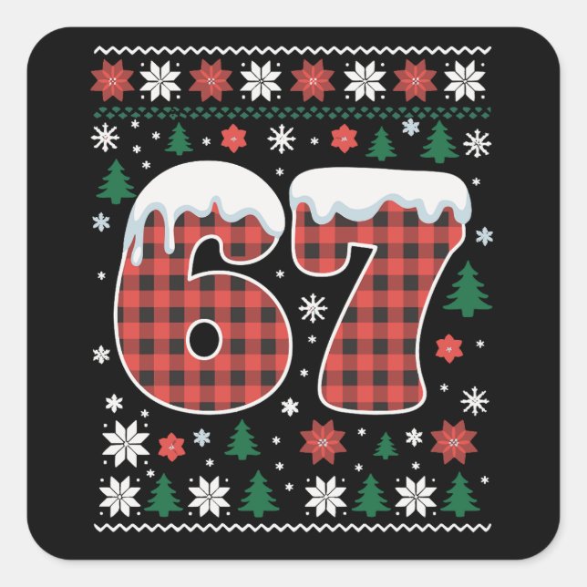 Funny 67 Six Seven Meme Cringe Christmas Red Plaid Square Sticker (Front)