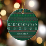 Funny 67 Ugly Christmas Sweater Party 6 7 Ceramic Ornament<br><div class="desc">This funny 67 ugly Christmas sweater ornament is a cute Gen alpha parent holiday gift featuring a retro holiday pattern of snowflakes and trees around a row of band instruments around the numbers 6 7. Silly humor gift about a trending topic.</div>