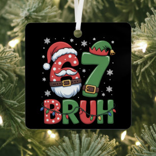 Funny 6 7 Six Seven Bruh Meme Christmas Santa Elf Metal Ornament