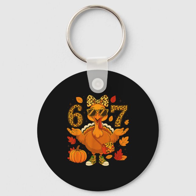 Funny 6 7 Thanksgiving Leopard Bow Turkey Six Seve Keychain (Front)