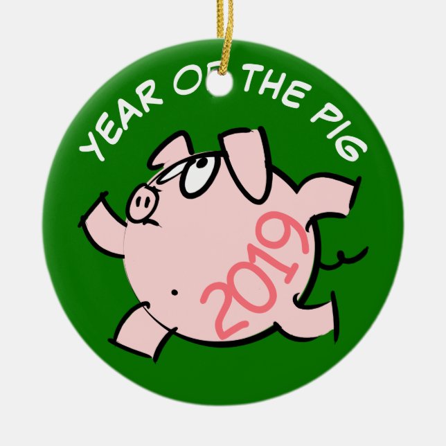 Funny 6 Cartoon Illustration Pig  Year 2019 Round Ceramic Ornament (Front)