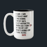 Funny 70th Birthday Hilarious Old Age Joke Custom Two-Tone Coffee Mug<br><div class="desc">Celebrate his 70th birthday with laughter! This funny coffee mug makes the perfect gift for men who embrace aging with humour. Featuring the hilarious quote: "I came. I saw. I forgot what I was doing. I went back. I got distracted. When did I turn 70?! Is this my cup? What's...</div>