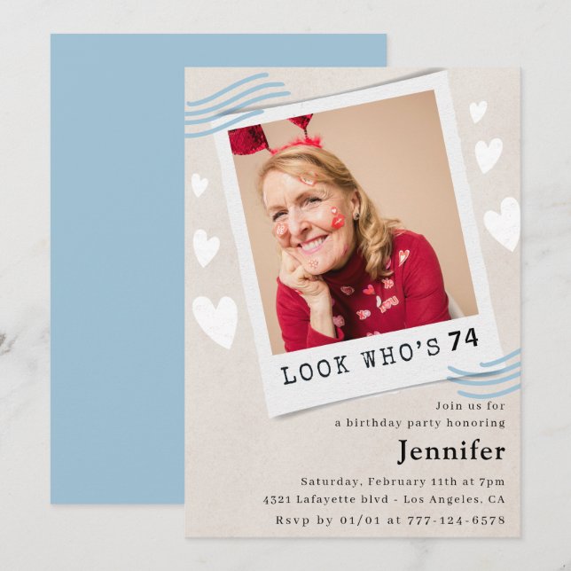 Funny 74th birthday invitations Photo for her (Front/Back)