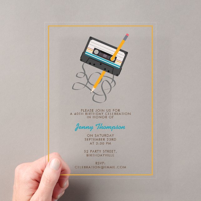 Funny 80s Music Retro Cassette Tape 40th Birthday Acrylic Invitations (Insitu (Handheld))