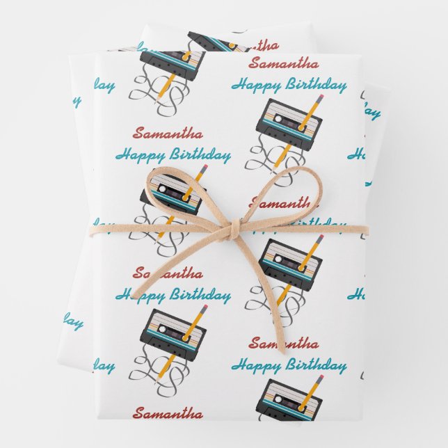 Funny 80s Music Retro Cassette Tape Birthday Name Wrapping Paper Sheet (In situ)