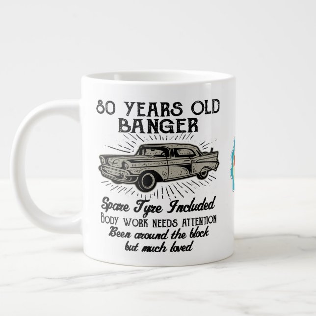 Funny 80th Birthday Retro Car Banger Add Name Date Large Coffee Mug (Left)