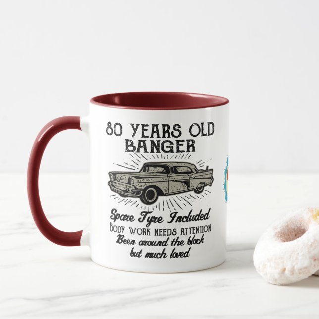Funny 80th Birthday Retro Car Banger Add Name Date Mug (With Donut)