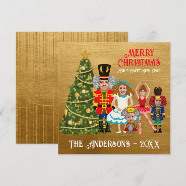 Funny Add your Face Nutcracker Family of Five Holiday Card (Front/Back)