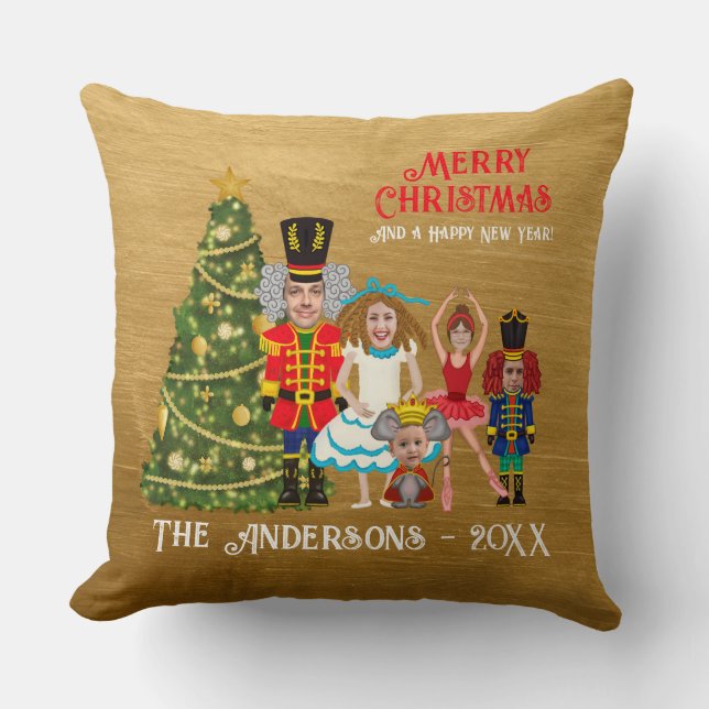 Funny Add Your Face Nutcracker Family Of Five Throw Pillow (Front)
