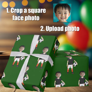 Funny Add Your Kids Face Soccer Player Green Wrapping Paper