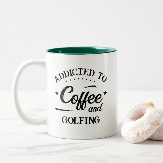 Funny Addicted to Coffee and Golfing Two-Tone Coffee Mug (With Donut)