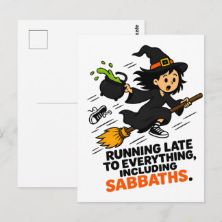 Funny ADHD Witch Running Late Halloween Postcard