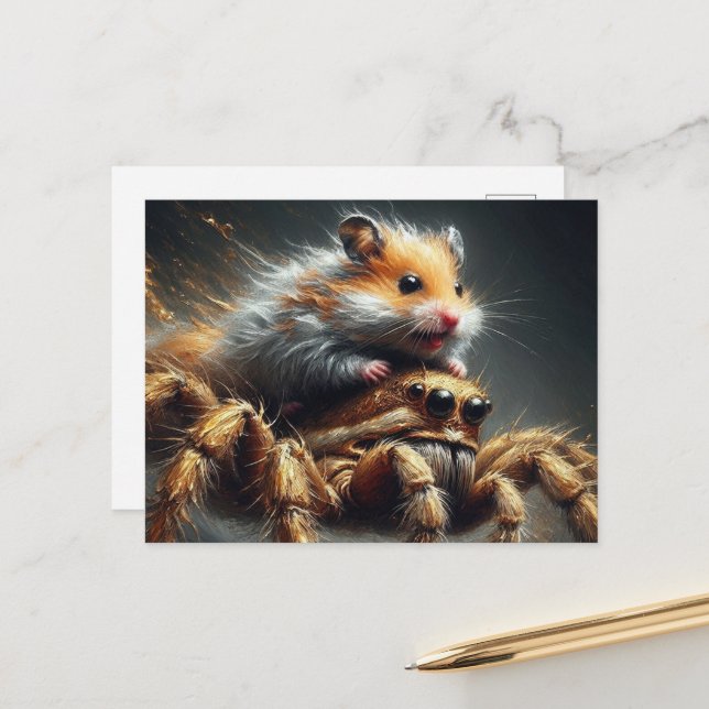 Funny adorable hamster riding a giant spider postcard (Front/Back In Situ)