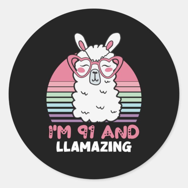 Funny Adorable Llama 91st Birthday Gift For Women Classic Round Sticker (Front)
