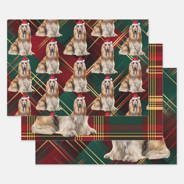 Funny Afghan Hound Christmas Dog Holiday Plaid Wrapping Paper Sheet (Set)