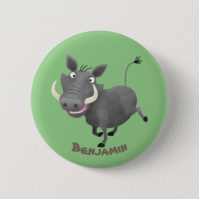 Funny african warthog pig cartoon illustration 2 inch round button (Front)