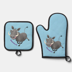 Funny african warthog pig cartoon illustration  oven mitt & pot holder set