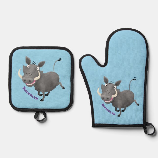 Funny african warthog pig cartoon illustration  oven mitt & pot holder set (Front)