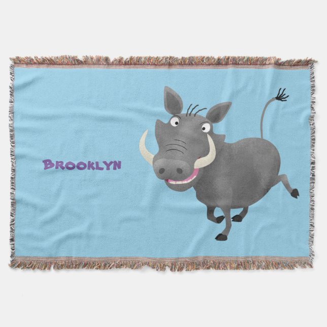 Funny african warthog pig cartoon illustration throw blanket (Front)