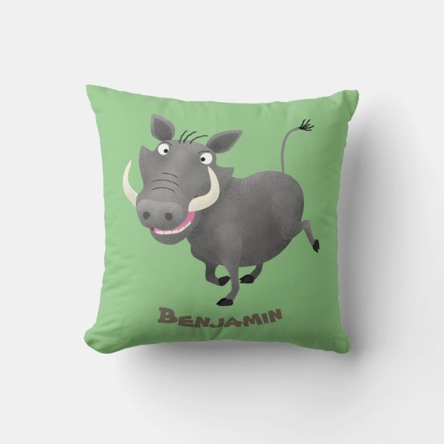 Funny african warthog pig cartoon illustration throw pillow (Front)