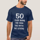 Funny age specific Birthday t shirt for men<br><div class="desc">The man myth legend. Funny age specific Birthday t shirt for men Personalizable with your name and age or customize it for someone else. Men's age humour. Cute fiftieth Birthday gift idea for dad,  husband uncle,  grandpa,  brother etc. Funny present for fifty year old. 50th customizable.</div>