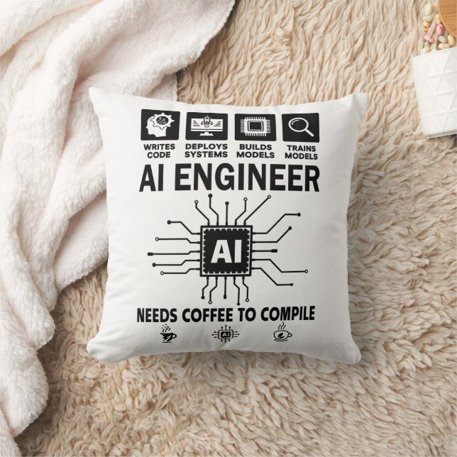 Funny AI Engineer Lover Needs Coffee To Compile Throw Pillow (Blanket)