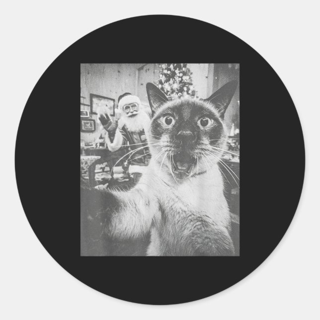 Funny Ai Siamese Cat Selfie With Santa Claus Chris Classic Round Sticker (Front)