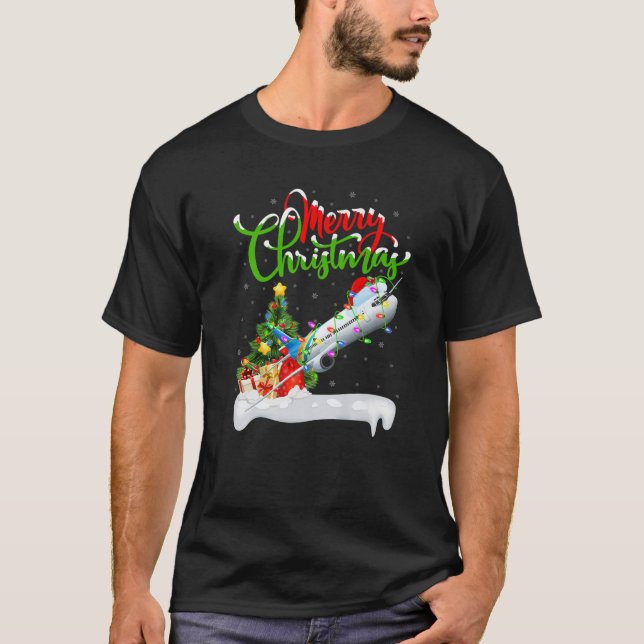 Funny Airplane Lover Xmas Lighting Santa Airplane T-Shirt (Front)