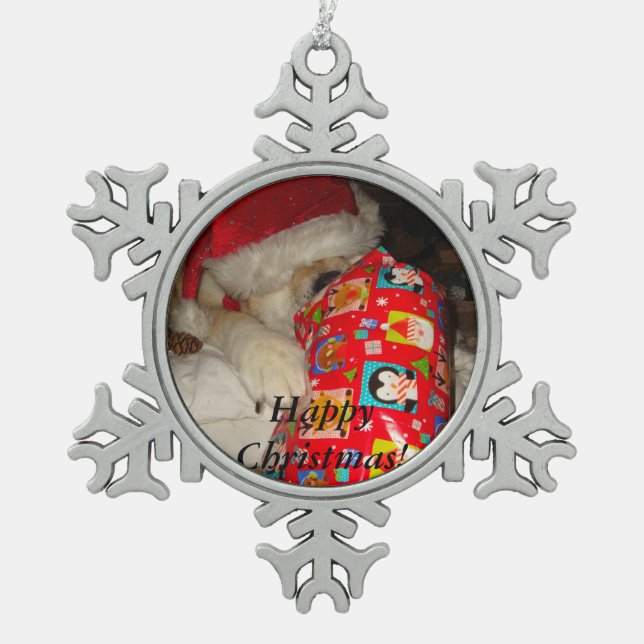 funny akita in red santa hat with christmas gift snowflake pewter christmas ornament (Front)